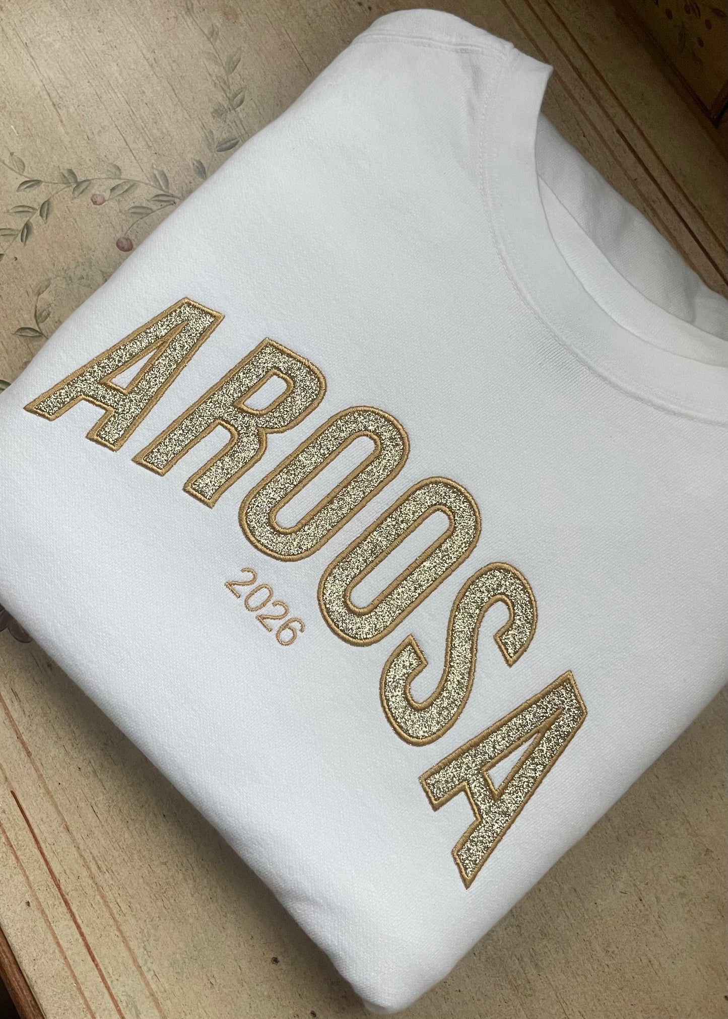 Embroidered Glitter Applique Aroosa Crewneck