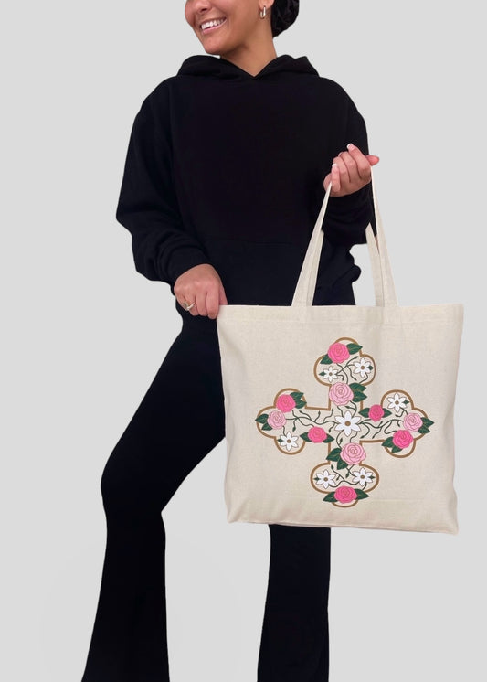 Customizable Floral Coptic Cross Jumbo Tote