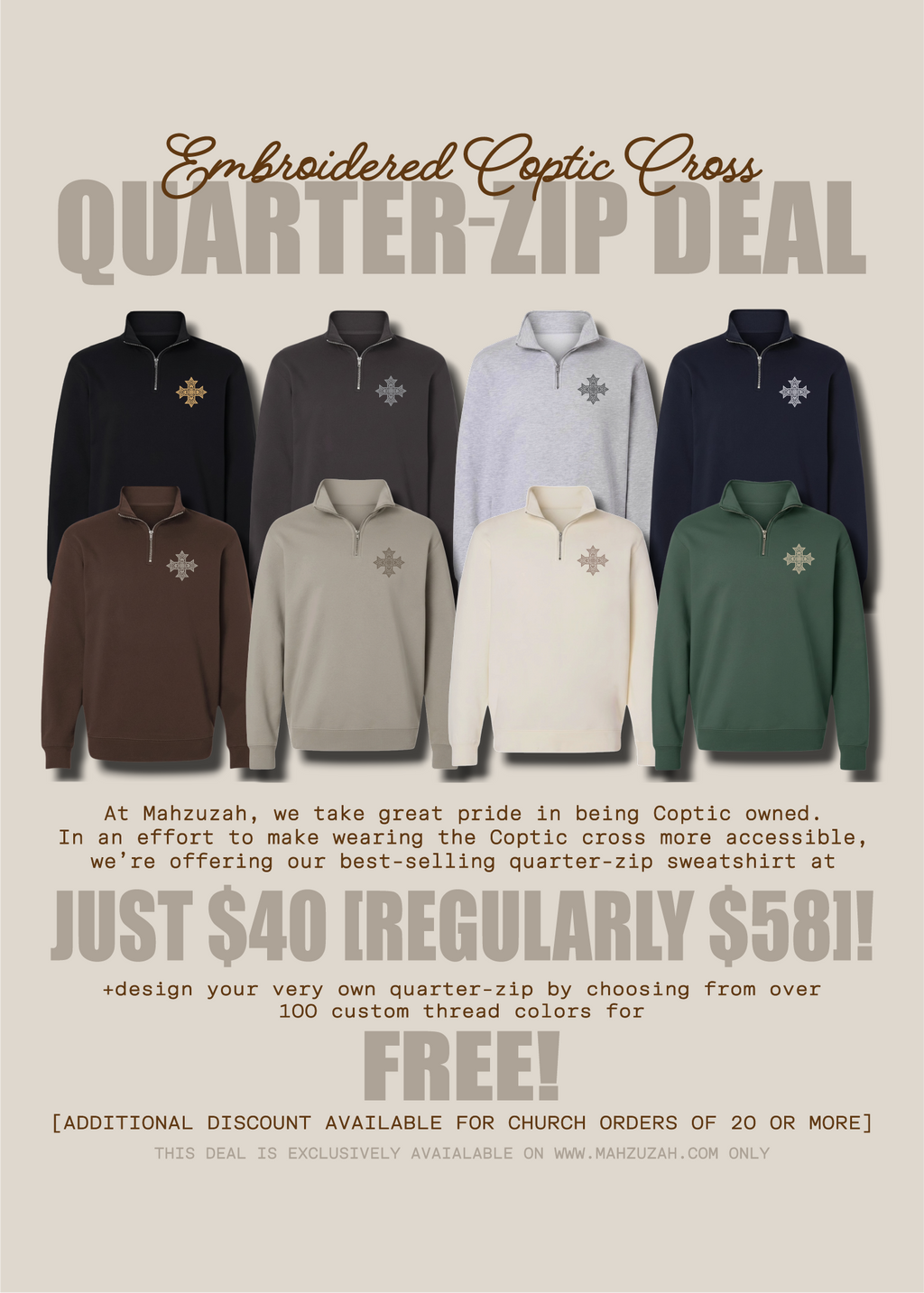 [DEAL QUARTER-ZIP] Embroidered Coptic Cross Quarter-Zip Sweatshirts