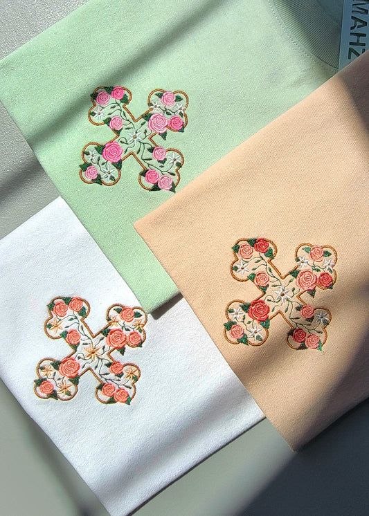 Embroidered Floral Coptic Cross T-Shirts