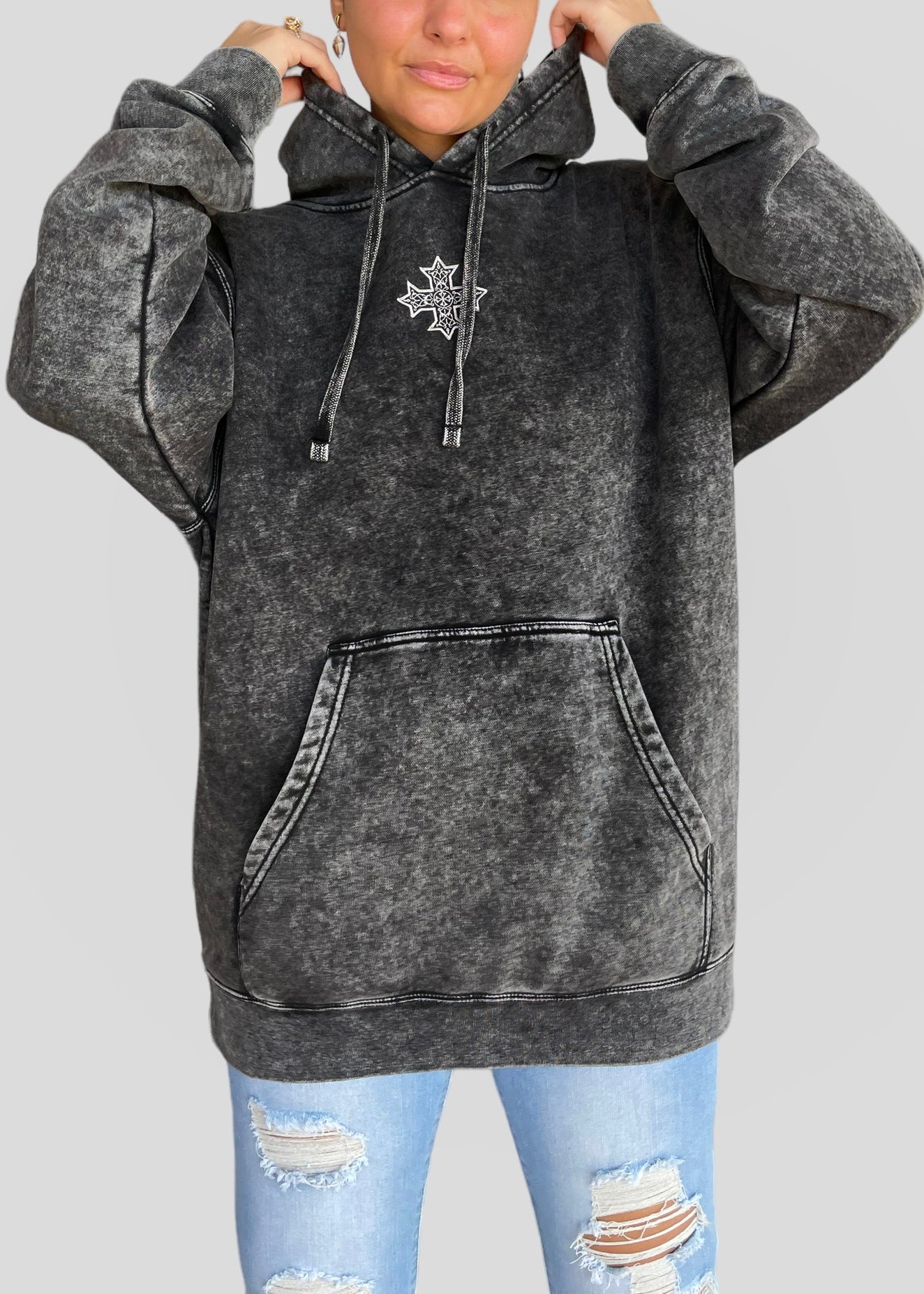 Embroidered Mineral Wash Coptic Cross Hoodie