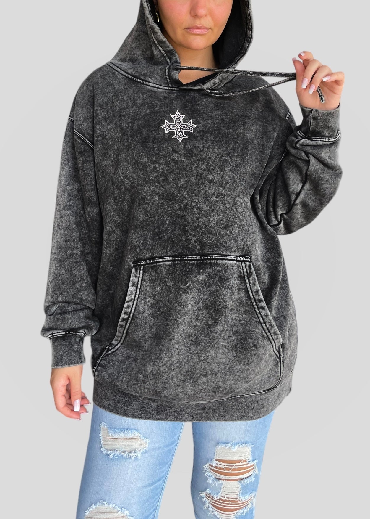 Embroidered Mineral Wash Coptic Cross Hoodie