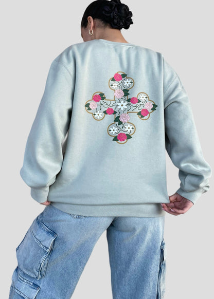 Coptic Floral Cross + Mahzuzah Printed & Embroidered Sweatshirts
