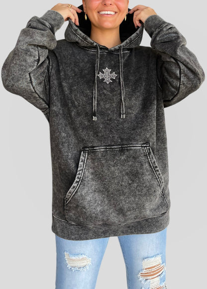 Embroidered Mineral Wash Coptic Cross Hoodie