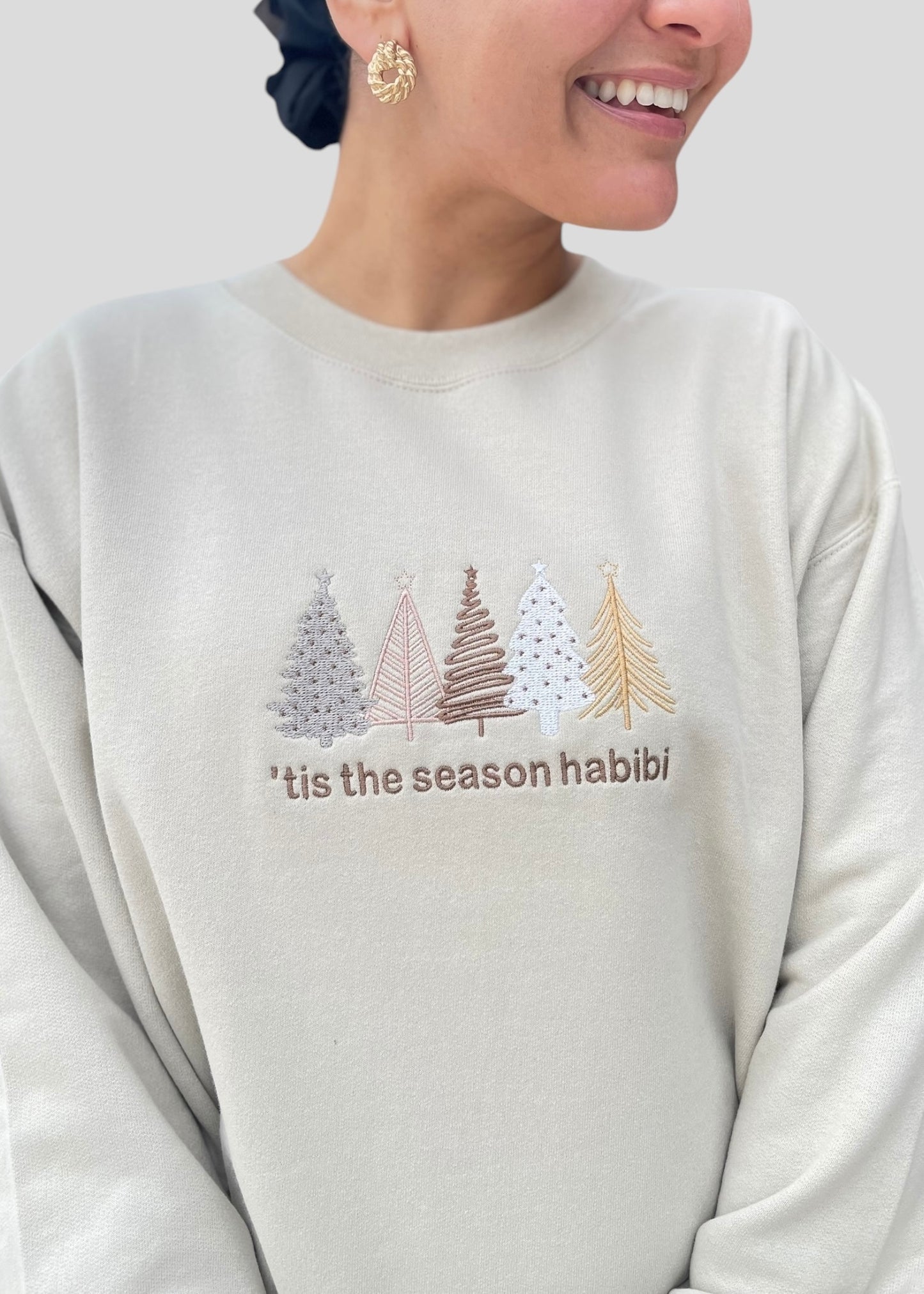 Embroidered 'Tis the Season Habibi Christmas Tree Sweatshirts