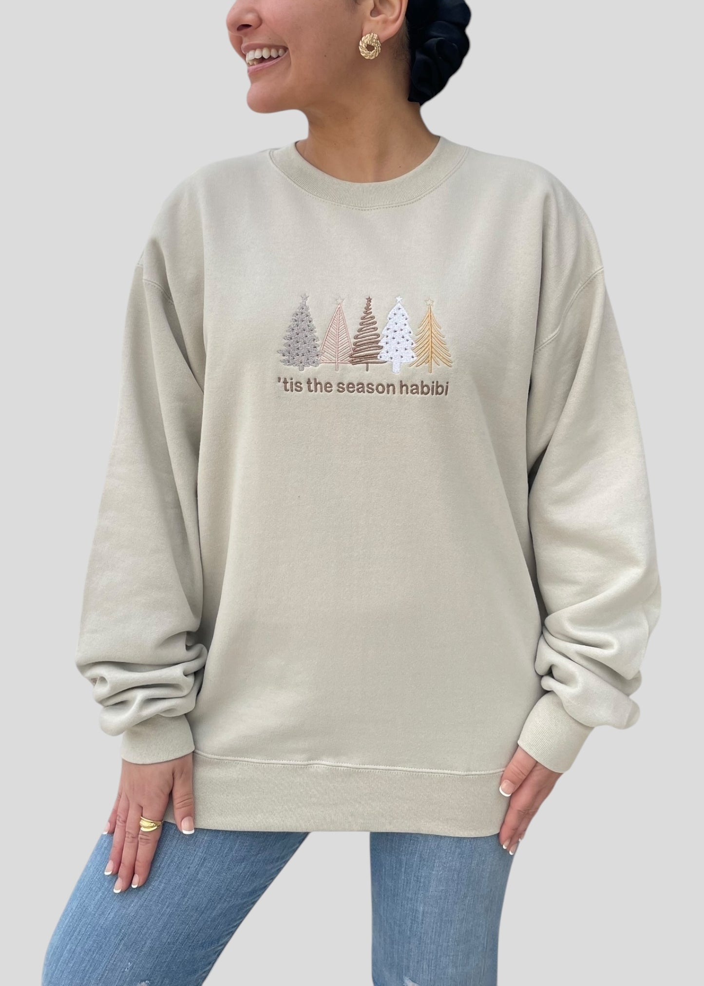 Embroidered 'Tis the Season Habibi Christmas Tree Sweatshirts