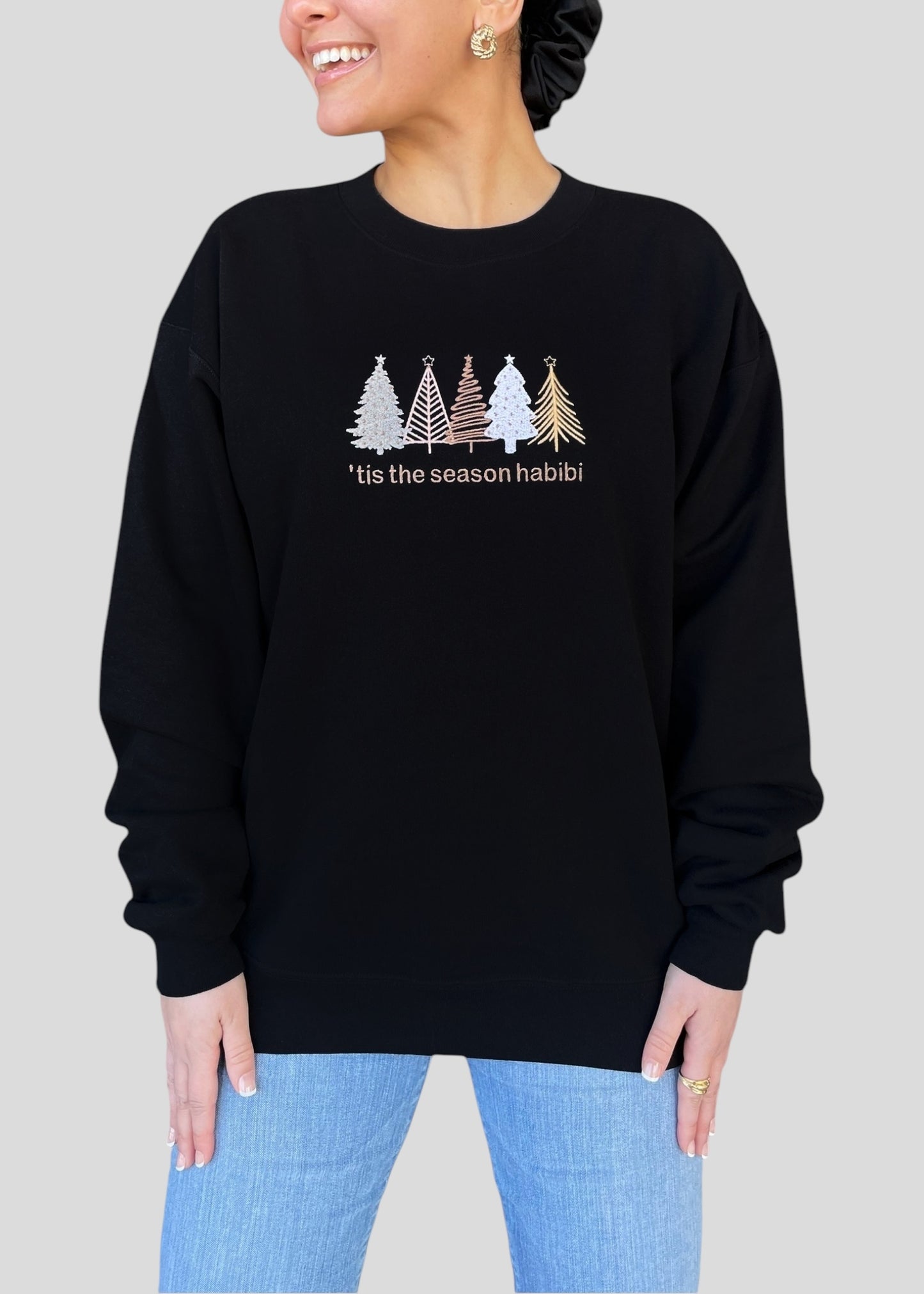 Embroidered 'Tis the Season Habibi Christmas Tree Sweatshirts