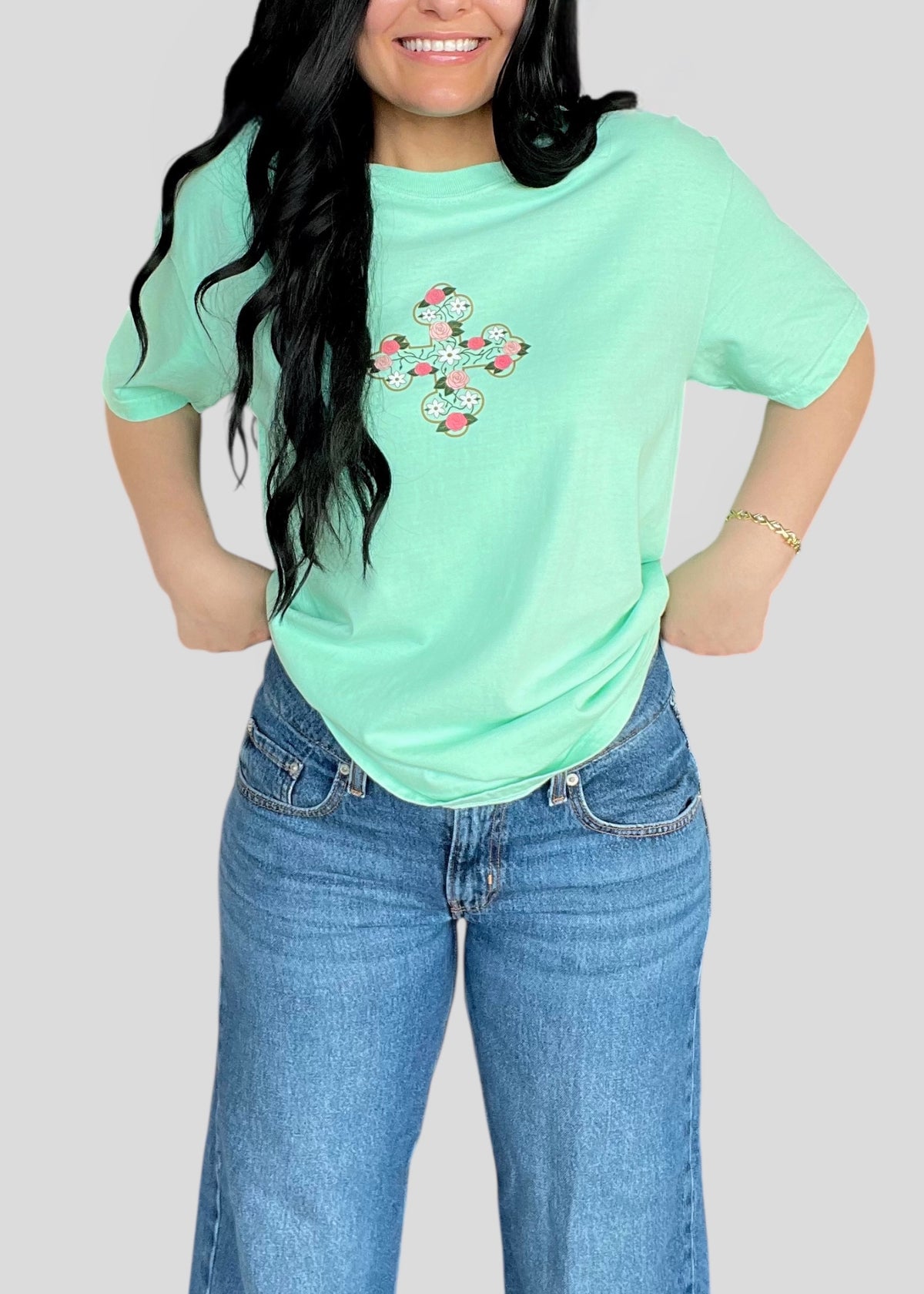 Wholesale Box- Printed Floral Coptic Cross Tee