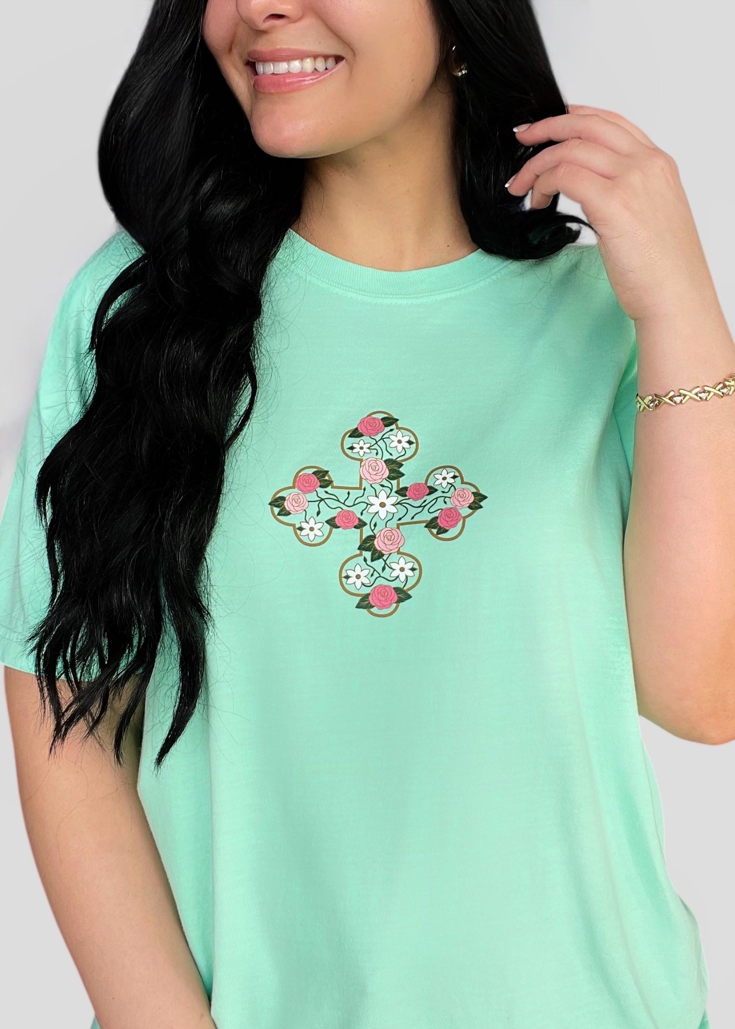 Wholesale Box- Printed Floral Coptic Cross Tee