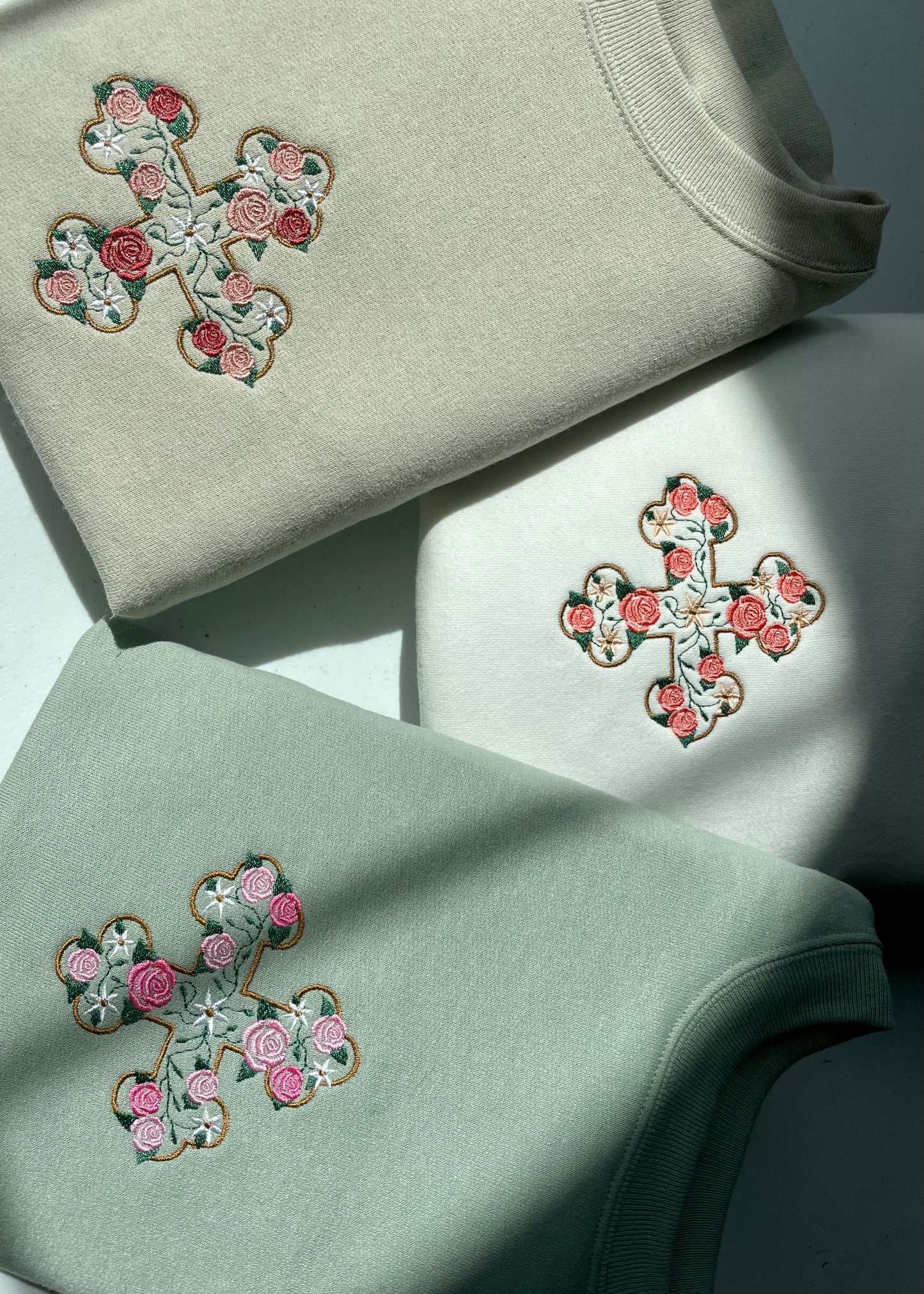 Embroidered Floral Coptic Cross Crewnecks